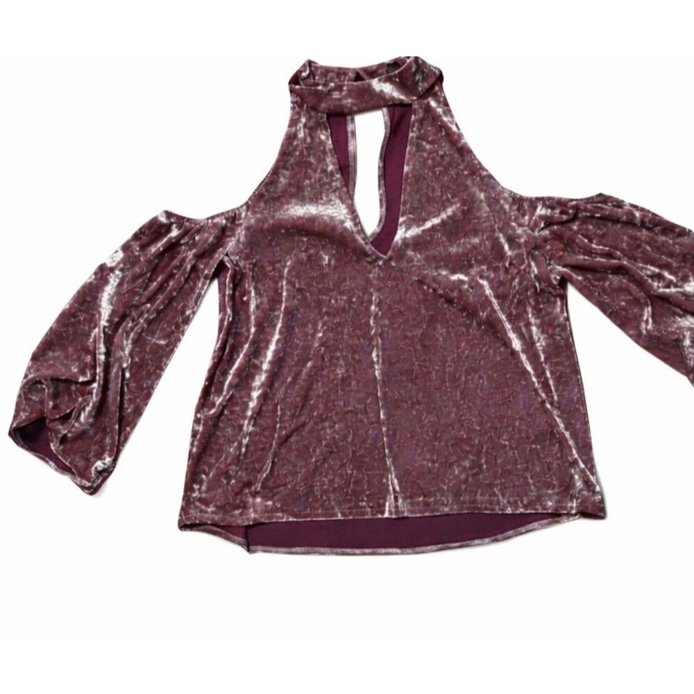 American Eagle Burgundy Crushed Velvet Cold Shoulder Bell Sleeve Top Size S